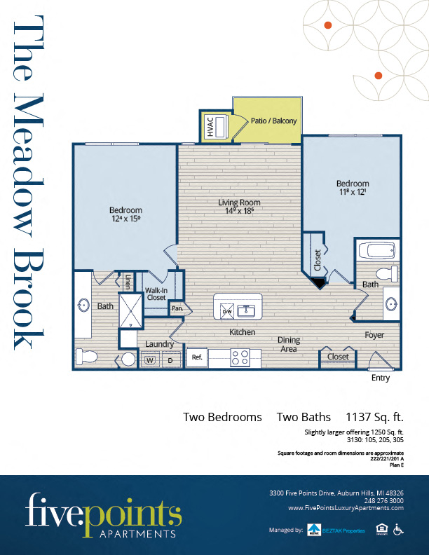 Floor plan for 2 beds, 2 baths, 1137 sqft